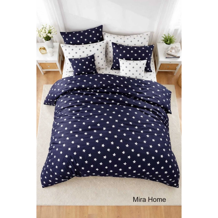 Çift Kişilik Yıldız Desenli Nevresim Takımı Pamuklu Lacivert/Beyaz