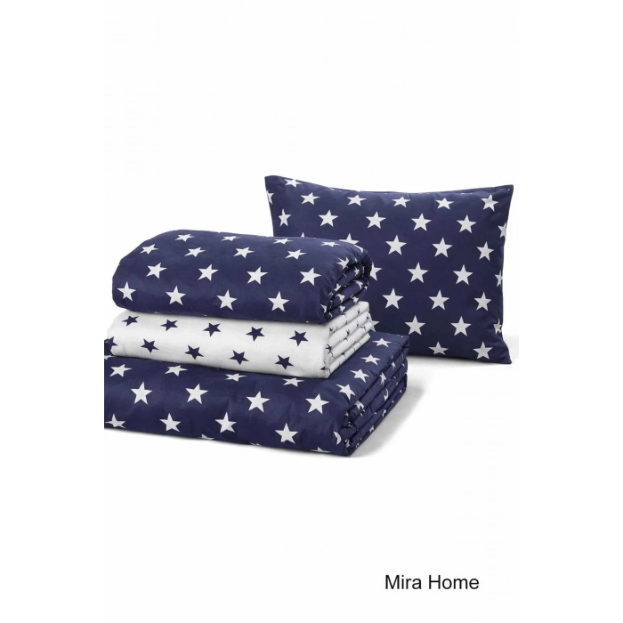 Çift Kişilik Yıldız Desenli Nevresim Takımı Pamuklu Lacivert/Beyaz