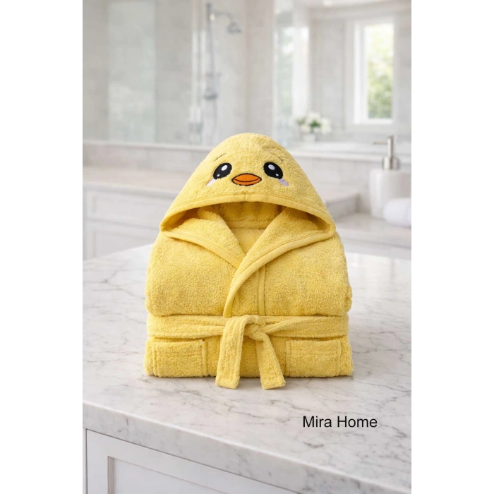 Civciv Figürlü Nakışlı Kapşonlu Çocuk Bornozu Pamuklu