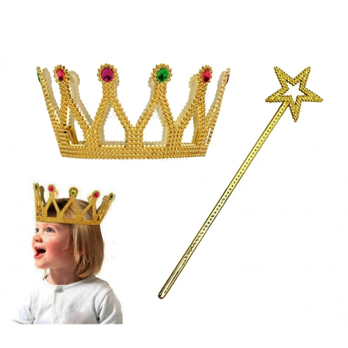Çocuk Boy Kraliçe Prenses Tacı ve Yıldız Peri Asası Altın Renk (5365)