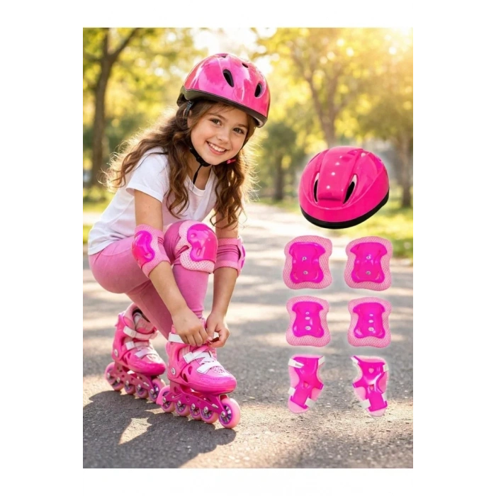 Çocuklar İçin Pembe Kask Ve Dizlik Seti