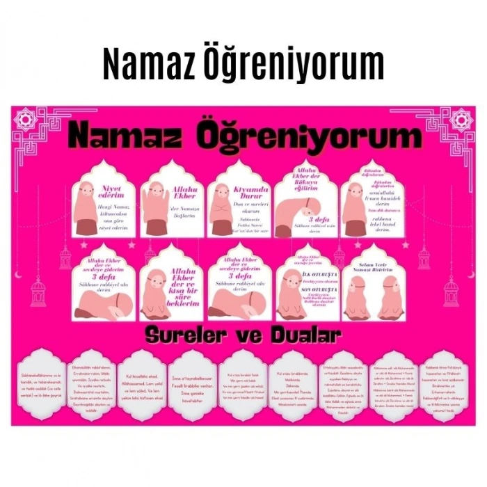 Çocuklar İçin Renkli  namaz Öğreniyorum Afişi - 33x48 Cm Figürlü Eğitim Materyali Kız