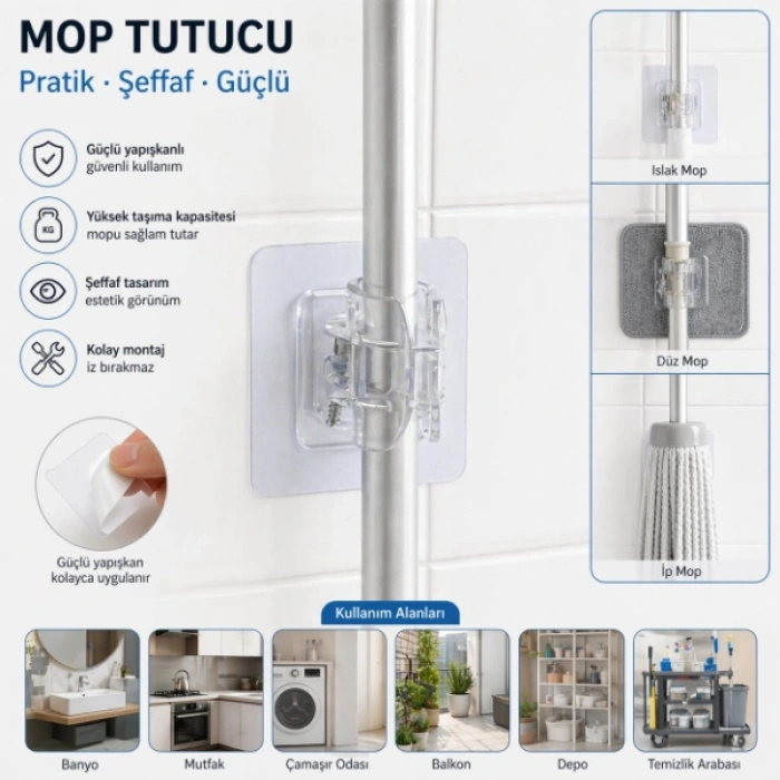 Çok Amaçlı Kıskaçlı Yapışkanlı Kablo ve Mop Tutucu