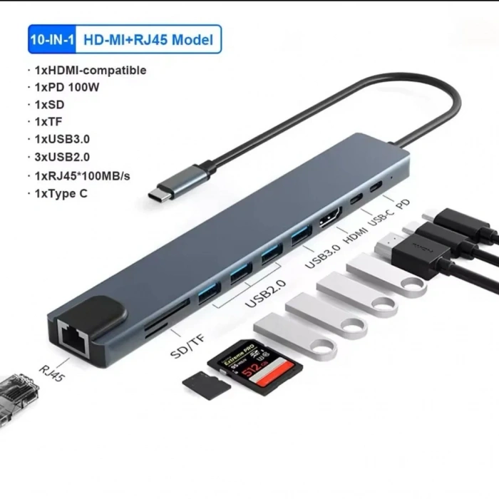 Çoklu Bağlantı Özellikli Type-c 10lu Hub