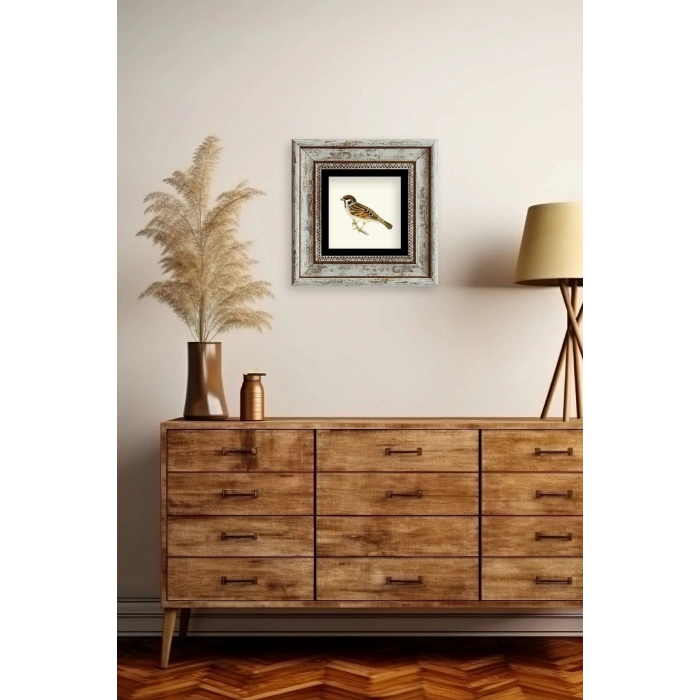 Daldaki Serçe Çerçeveli Taş Tablo 20 cm