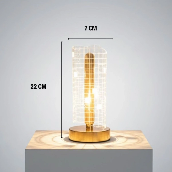 Dalgalı Silindirik Kristal Kareli Model LED Masa Lambası – Gold Tabanlı, Dokunmatik, 3 Renk Işık Modlu, Şarjlı Modern Dekoratif Gece Lambası (5365)