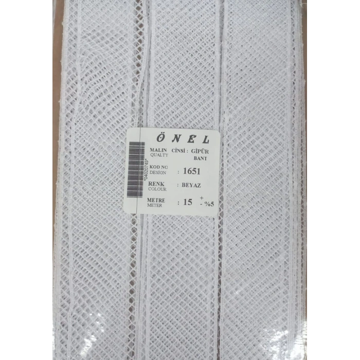 Dantel Polyester Güpür Bant Beyaz 15 Metre En 3 Cm On-1651-b