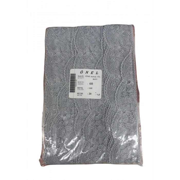 Dantel Polyester Sanal Tül Bant Gri 20 Metre En 6 Cm On-60-g