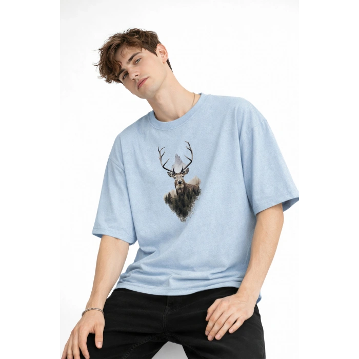 Deer - Oversize Erkek Tişört Bebek Mavisi
