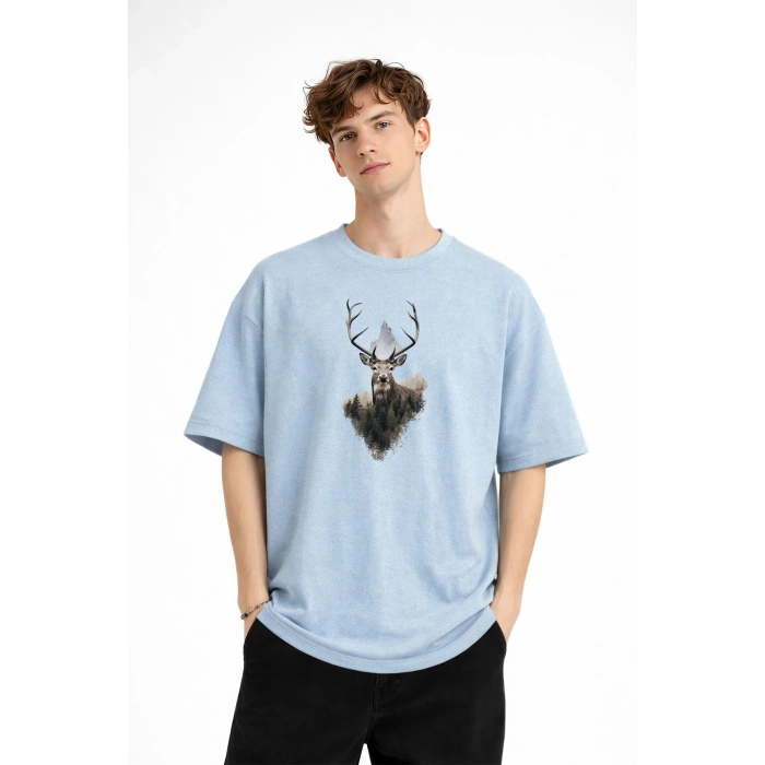 Deer - Oversize Erkek Tişört Bebek Mavisi