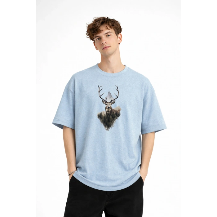 Deer - Oversize Erkek Tişört Bebek Mavisi