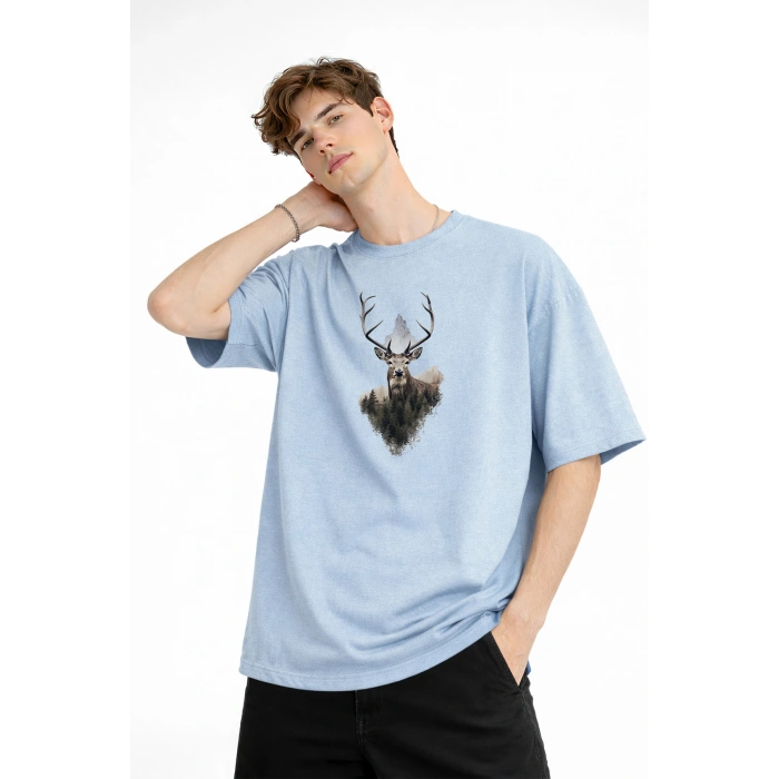 Deer - Oversize Erkek Tişört Bebek Mavisi