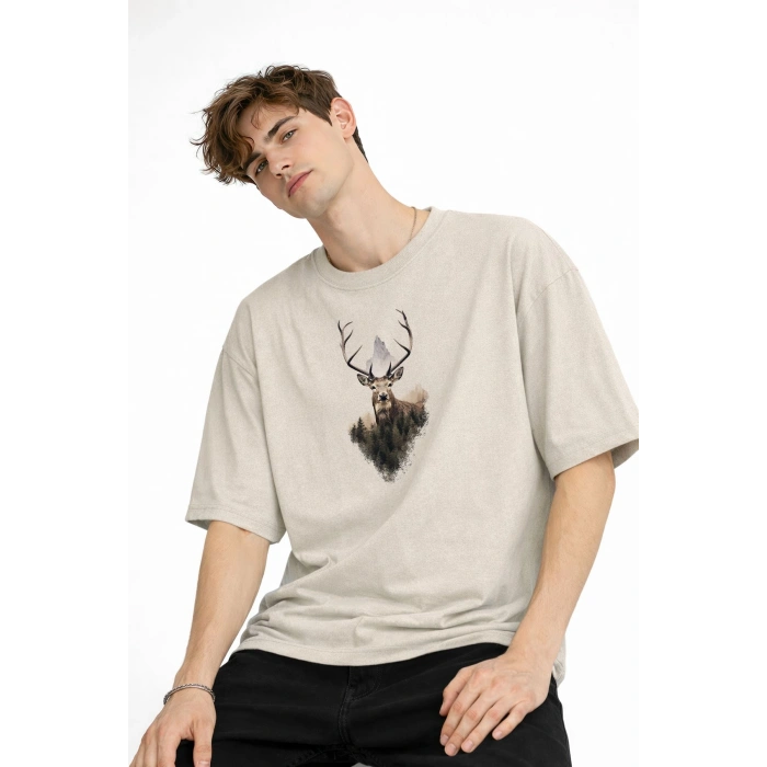 Deer - Oversize Erkek Tişört BEJ