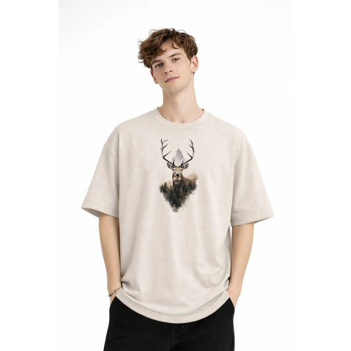 Deer - Oversize Erkek Tişört BEJ