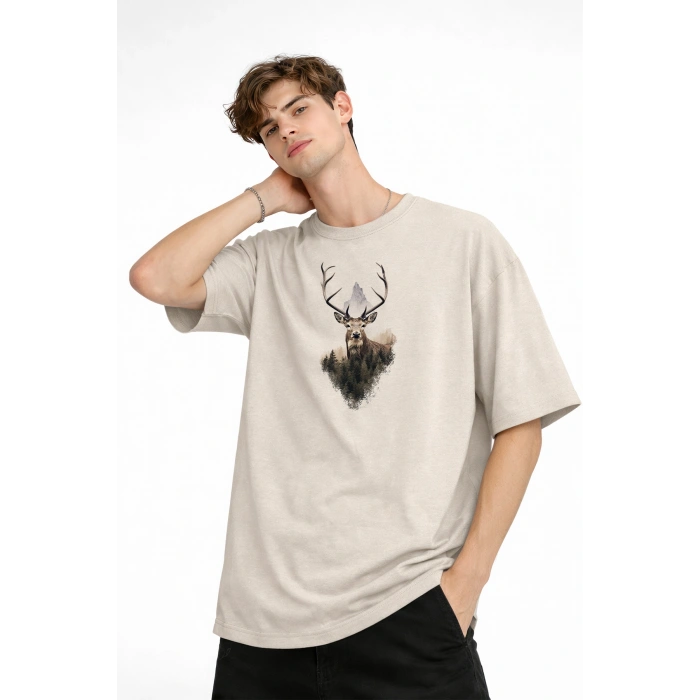 Deer - Oversize Erkek Tişört BEJ