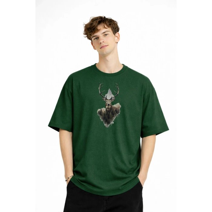 Deer - Oversize Erkek Tişört HAKI