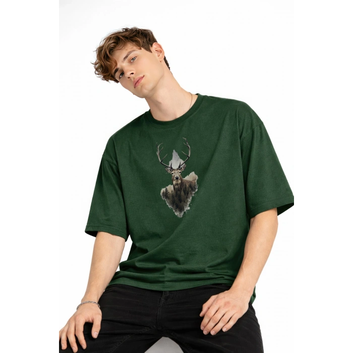 Deer - Oversize Erkek Tişört HAKI