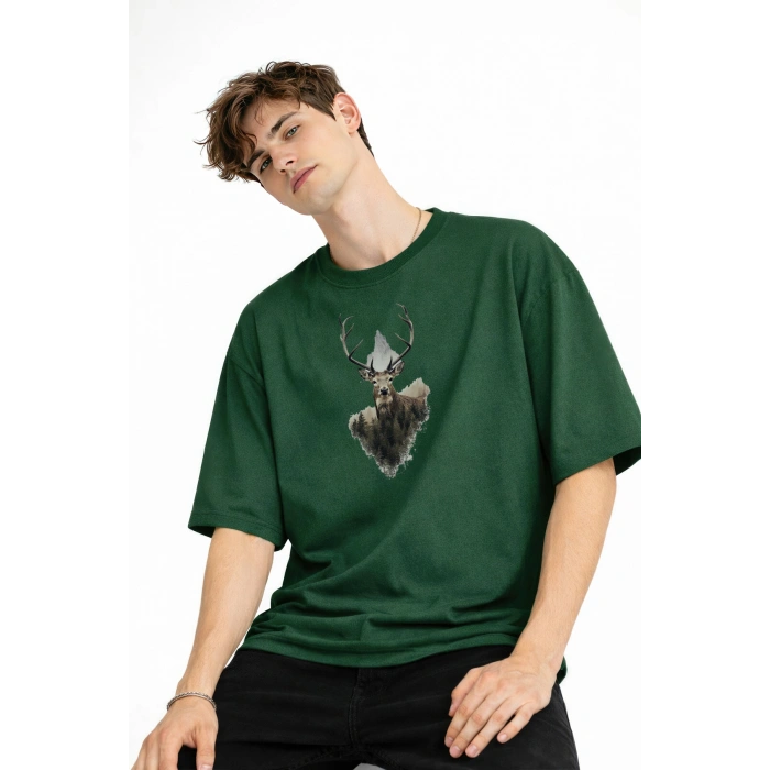 Deer - Oversize Erkek Tişört HAKI