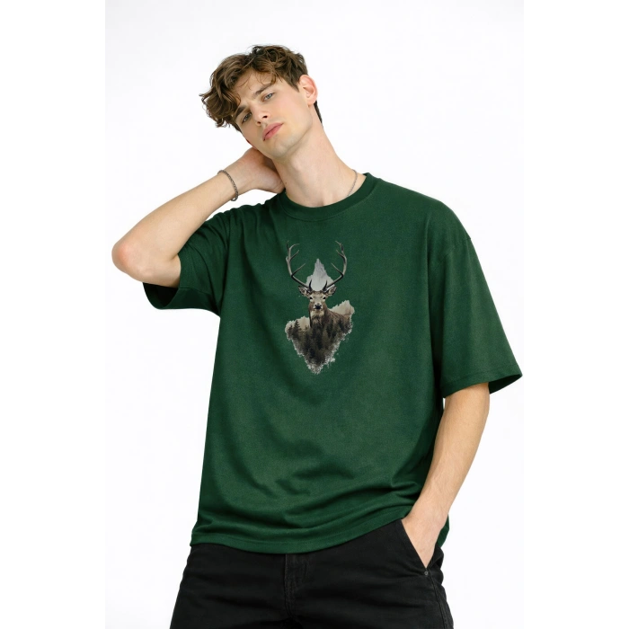 Deer - Oversize Erkek Tişört HAKI