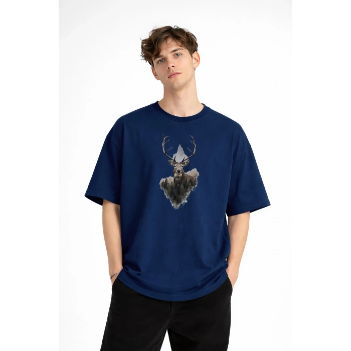 Deer - Oversize Erkek Tişört Koyu Mavi