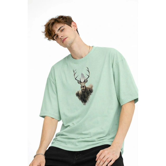 Deer - Oversize Erkek Tişört SU YESILI
