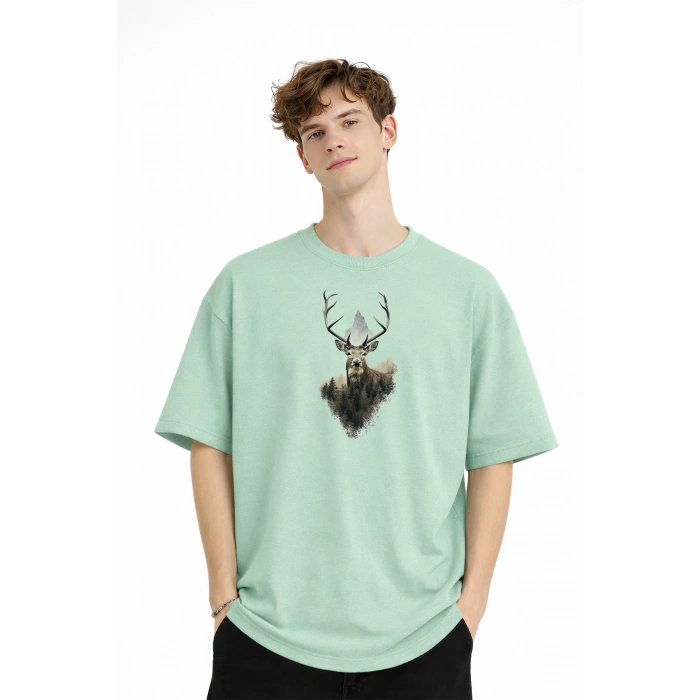Deer - Oversize Erkek Tişört SU YESILI