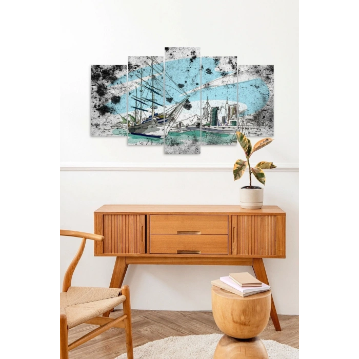 Deniz Manzarası Keşmekeş 5 Parçalı Mdf Tablo 60 x 100