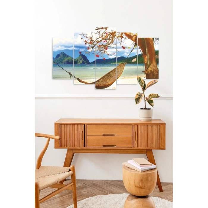 Deniz Manzarası ve Hamak 5 Parçalı Mdf Tablo 60 x 100