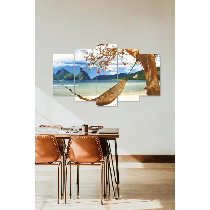 Deniz Manzarası ve Hamak 5 Parçalı Mdf Tablo 60 x 100