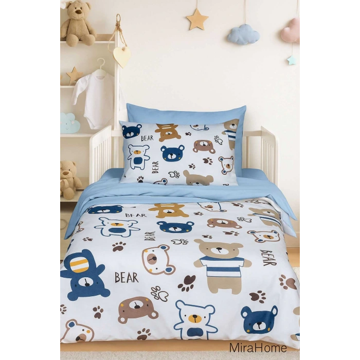 Digital Printed 3D Cotton Newborn Baby Bedding Set Bear Toy Blue