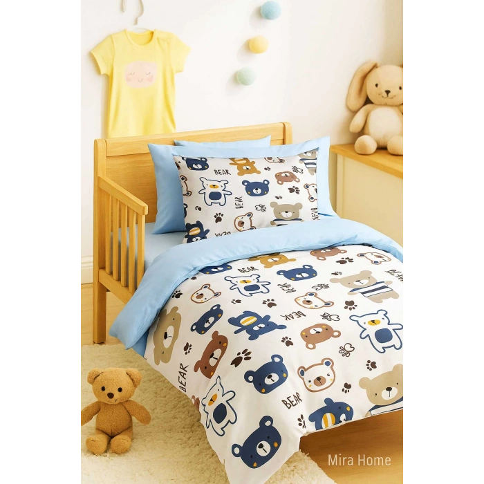 Digital Printed 3D Cotton Newborn Baby Bedding Set Bear Toy Blue