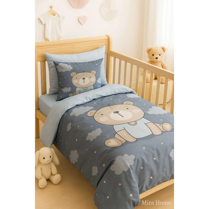 Dijital Baskılı 3d Pamuklu Yenidoğan Bebek Nevresim Takımı Blue Bear