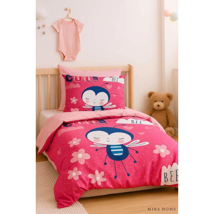 Dijital Baskılı 3d Pamuklu Yenidoğan Bebek Nevresim Takımı Cute Bee Pink