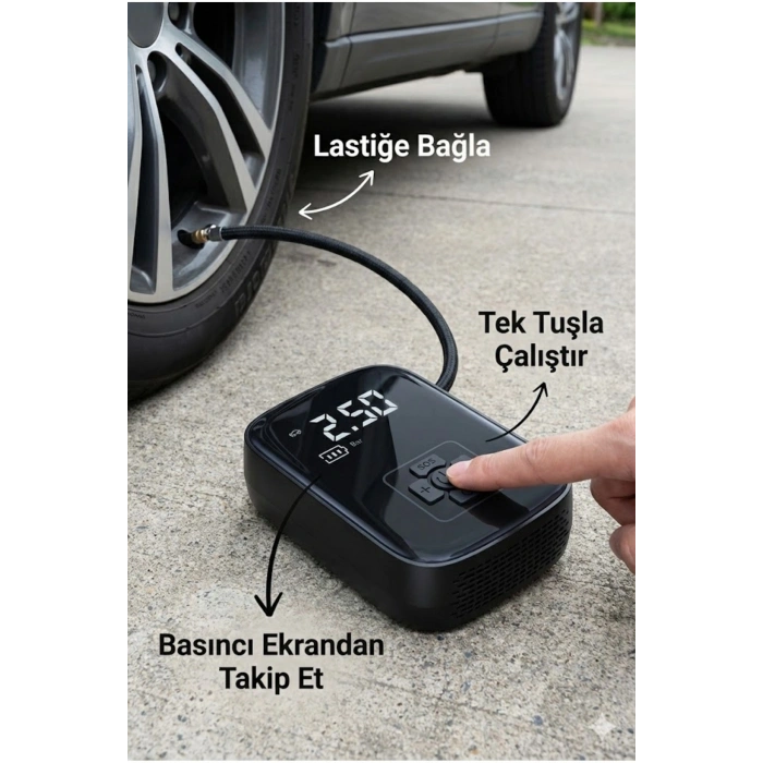 Dijital Şarjlı Araç Lastik Hava Pompası Kompresör Taşınabilir LED Ekranlı