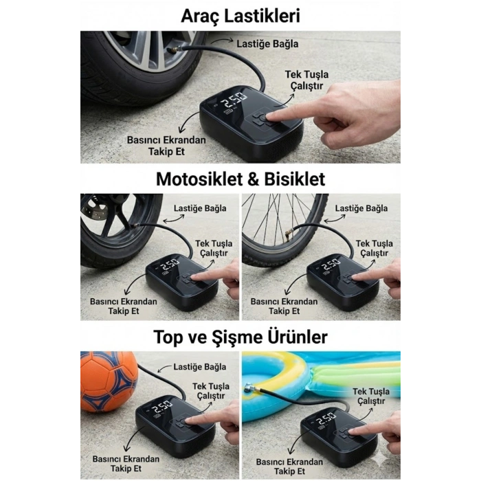 Dijital Şarjlı Araç Lastik Hava Pompası Kompresör Taşınabilir LED Ekranlı