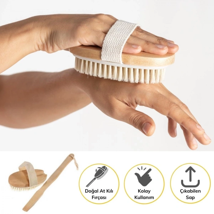 Doğal At Kılı Selülit Karşıtı Sapı Çıkabilen Ahşap Banyo Fırçası (5365)