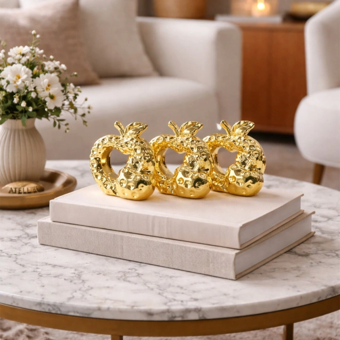 Textured Double Apple Designed Sculpture - Ceramic - Medium Size - Glossy Gold