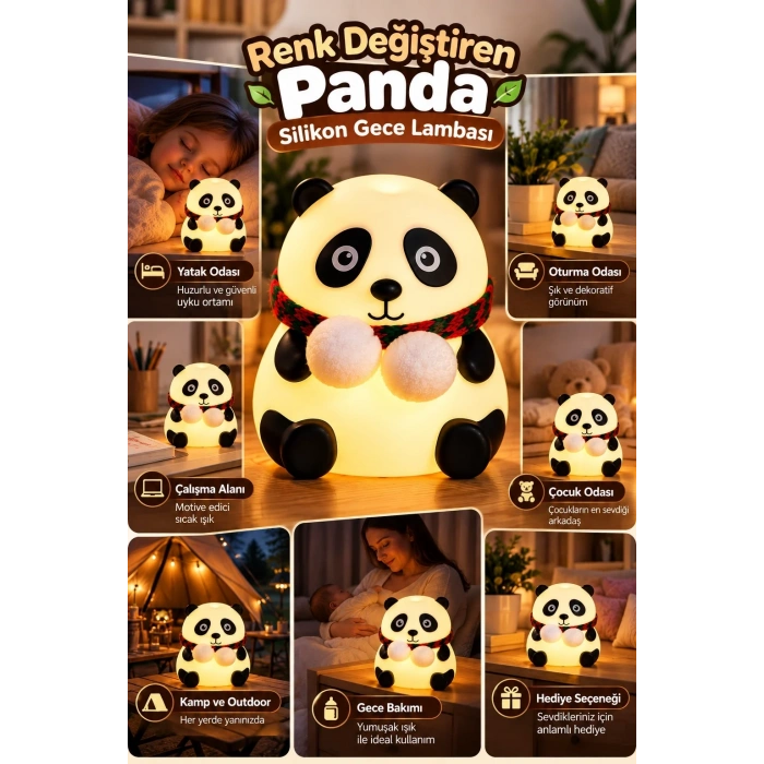 Dokunmatik Kontrollü Panda Silikon Gece Lambası Renkli Işık Modu