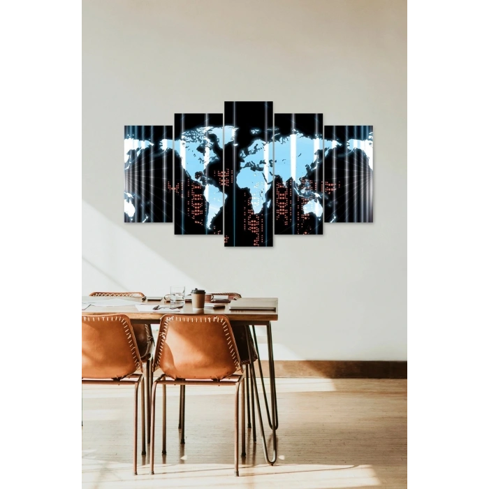 Dünya Haritası 5 Parçalı Mdf Tablo 60 x 100