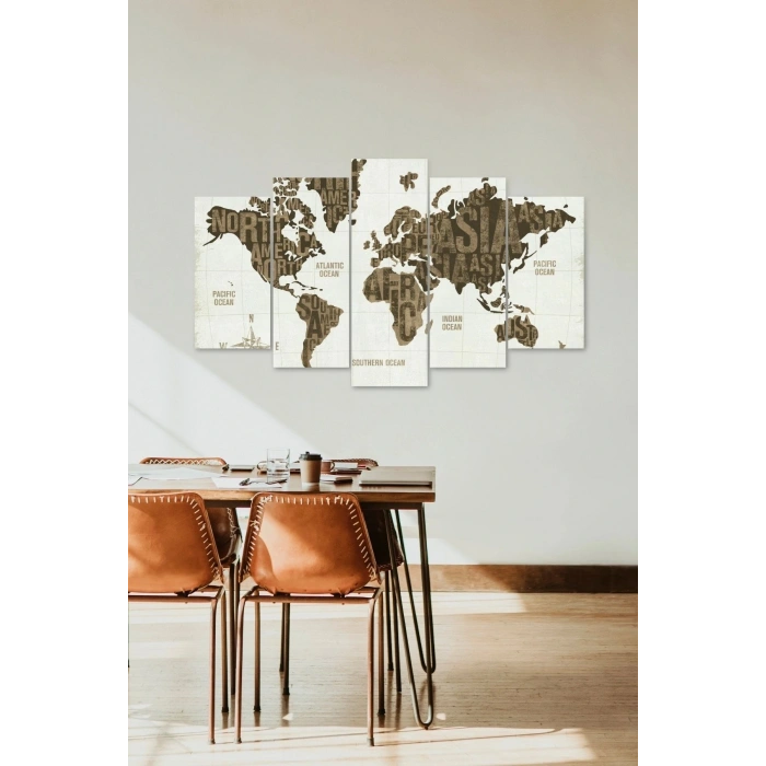 Dünya Haritası 5 Parçalı Mdf Tablo 60 x 100