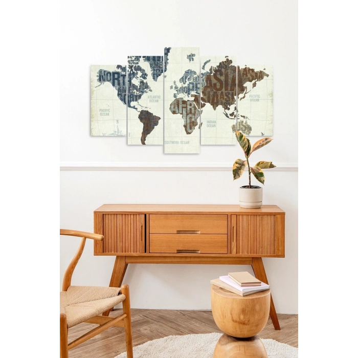 Dünya Haritası 5 Parçalı Mdf Tablo 60 x 100