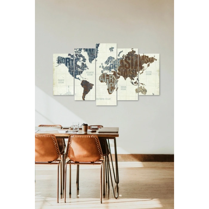 Dünya Haritası 5 Parçalı Mdf Tablo 60 x 100