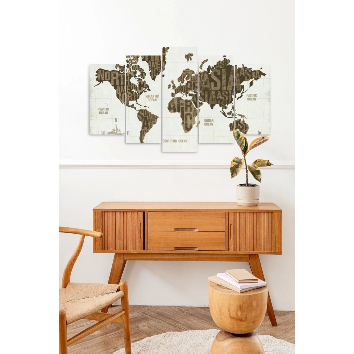Dünya Haritası 5 Parçalı Mdf Tablo 60 x 100