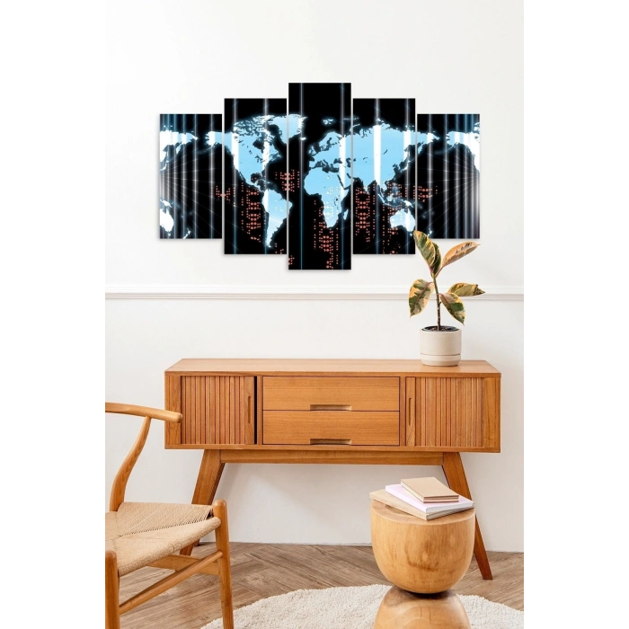 Dünya Haritası 5 Parçalı Mdf Tablo 60 x 100