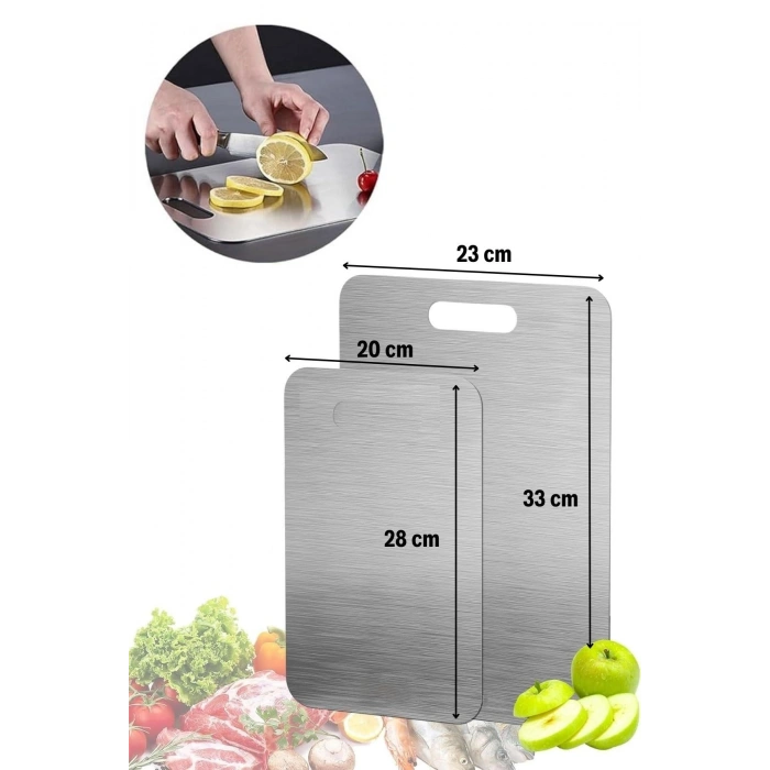 Durukar® 2 Boy Paslanmaz Çelik Leke Tutmaz,Kırılmaz,Antibakteriyel,Elde ve Bulaşık Makinesinde Yıkanabilen Meyve,Sebze,Et,Tavuk Kesim Panosu