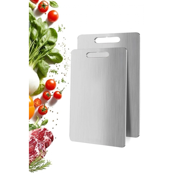 Durukar® 2 Boy Paslanmaz Çelik Leke Tutmaz,Kırılmaz,Antibakteriyel,Elde ve Bulaşık Makinesinde Yıkanabilen Meyve,Sebze,Et,Tavuk Kesim Panosu