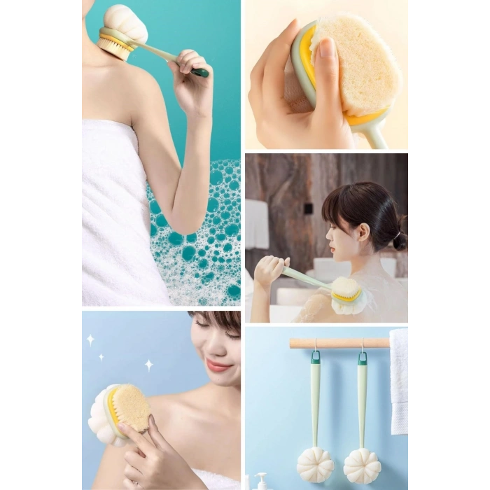 Durukar®  2si 1 Arada Çift Taraflı Uzun Saplı Fırçalı Banyo Vücut Sırt Fırçası Banyo Lifi