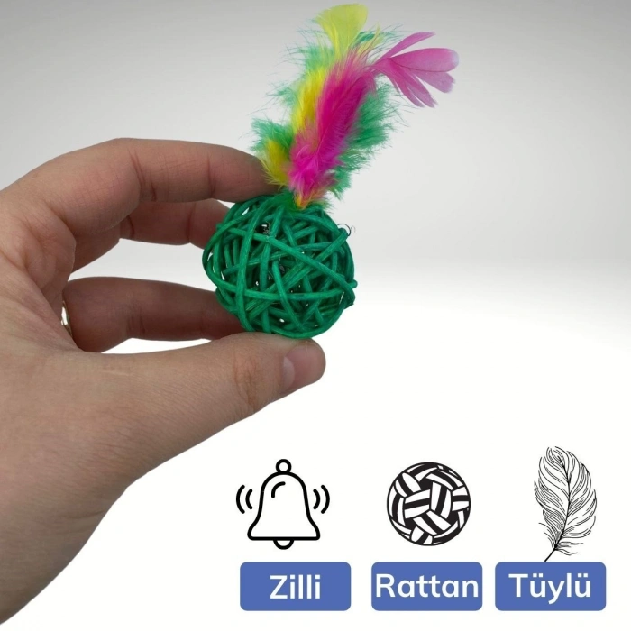 Durukar® 2li Rattan Renkli Peluş Tüy Kedi Köpek Oyuncak Yakalama Çiğneme Çıngıraklı Top Oyuncağı