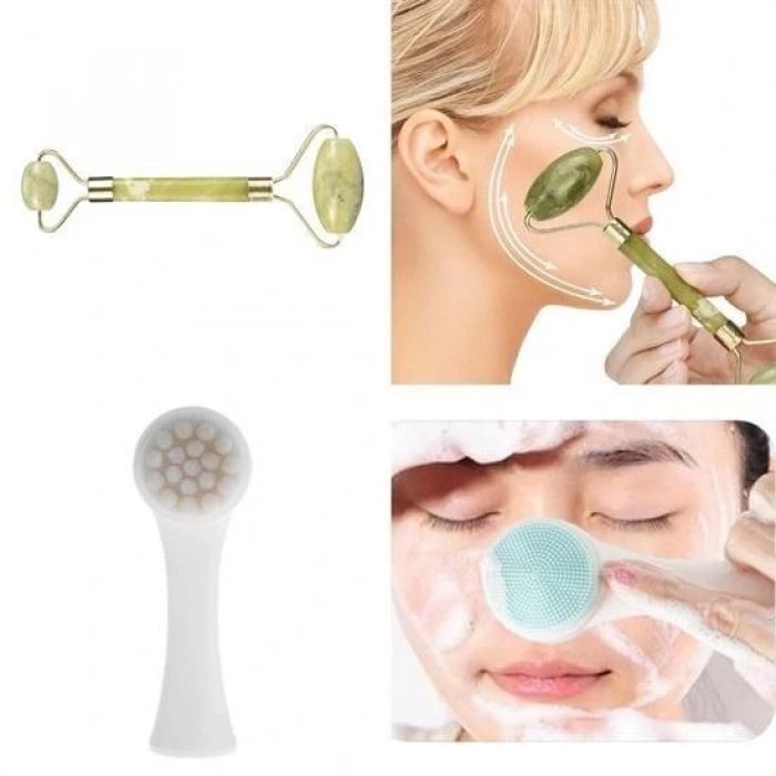 Durukar® 2li Set Çift Taraflı Cilt Temizleme Fırçası ve Yeşim Taşı Çift Taraflı Cilt Masaj Aleti