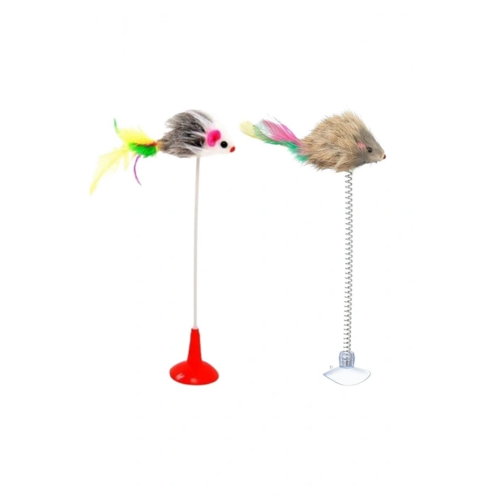 Durukar® 2li Vantuzlu Fareli Tüylü Hareketli Çanlı ve Esneyen Eğlenceli Peluş Kedi Oyuncağı